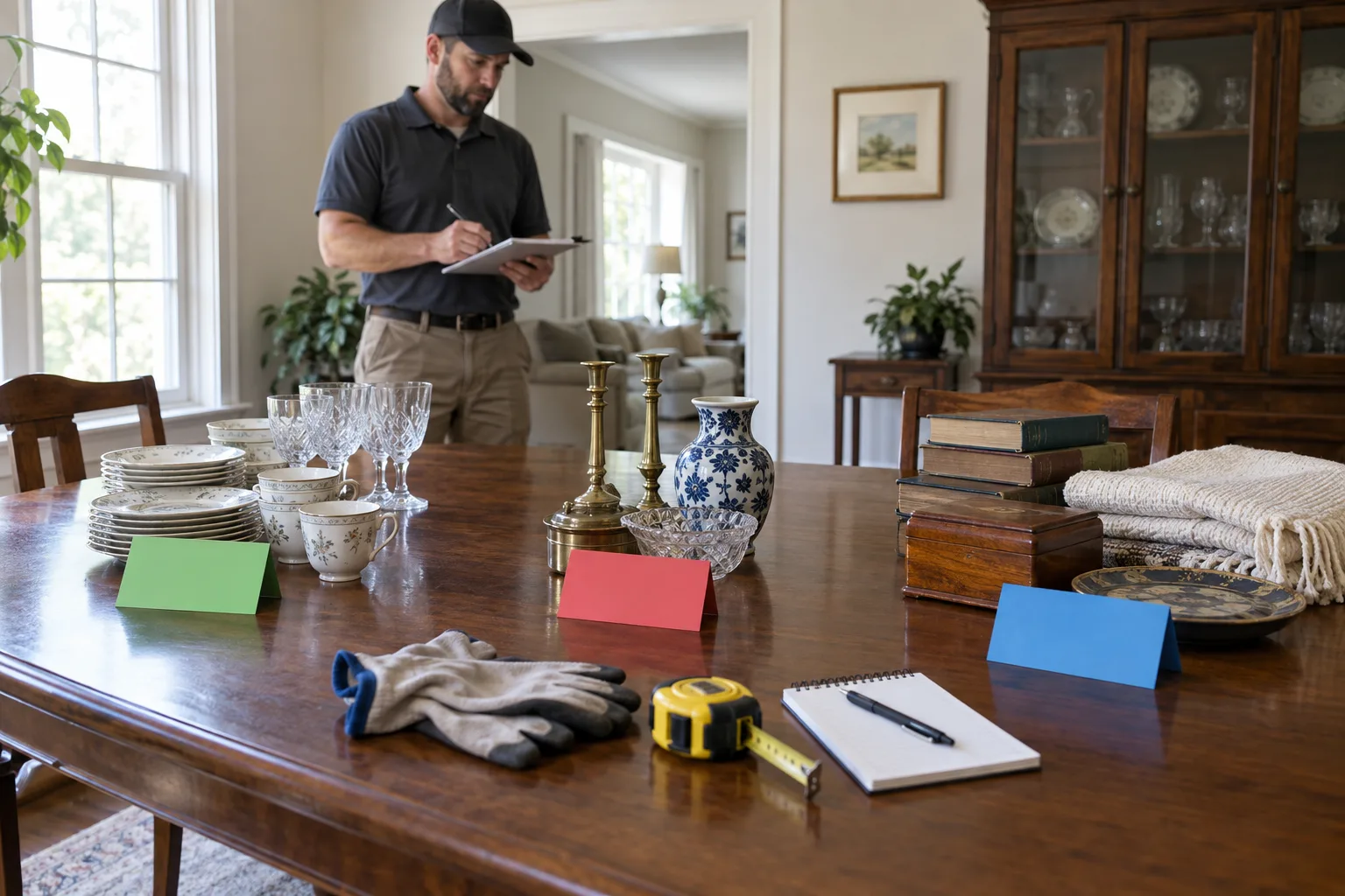 Household items arranged for room-by-room sorting